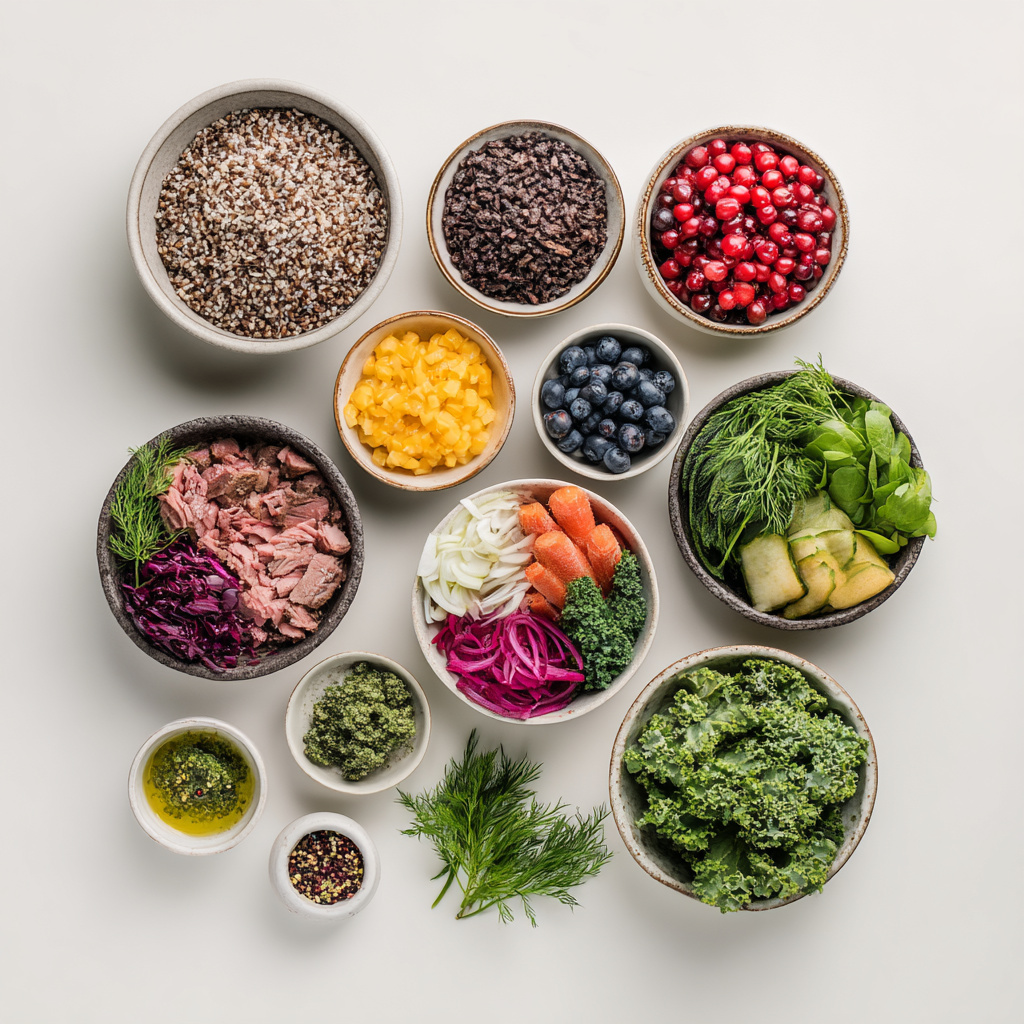 Različne vrste polnozrnatih žit in semen na leseni podlagi